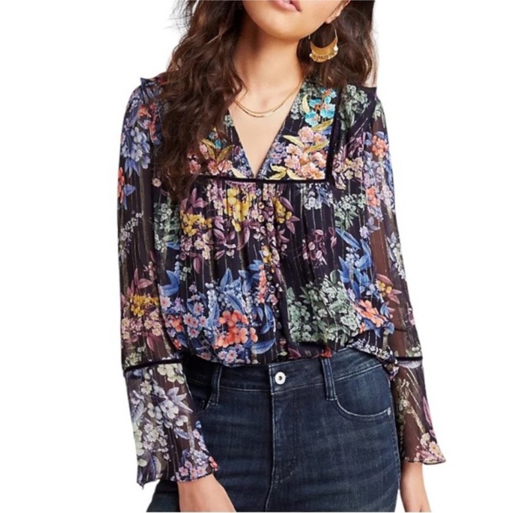 Anthropologie Vineet Bahl Vivienne Embroidered Floral Flowy Blouse XL